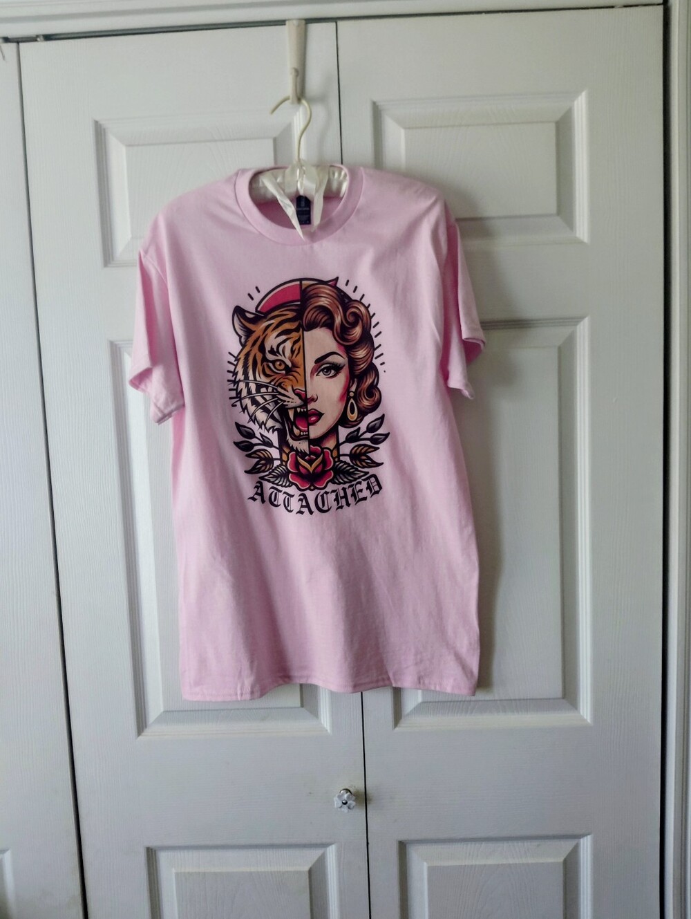 Pink Graphic Women's Tee with Retro Tiger-Woman Design